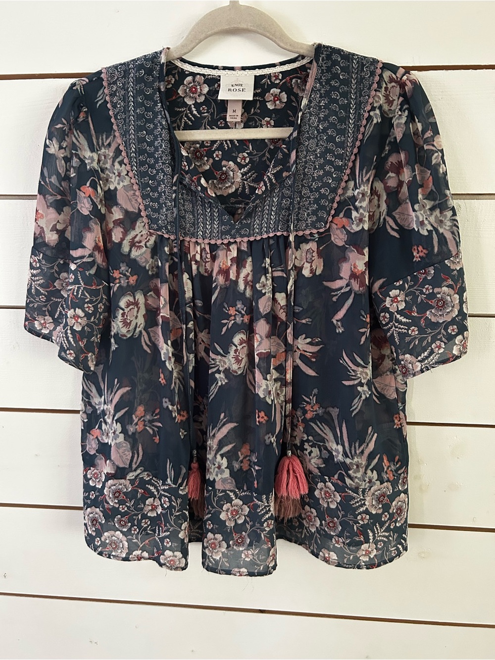 Knox Rose Medium Semi Sheer Boho Tassel Tie Front Top Navy Floral Peasant Blouse